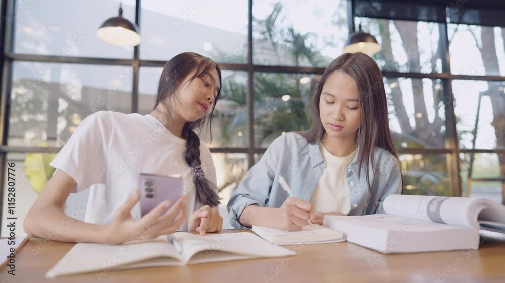 Two young women are sitting at a table, one of them looking at a cell phone. They are studying together and seem to be focused on their work Two young women are sitting at a table, one of them looking at a cell phone. They are studying together and seem to be focused on their work