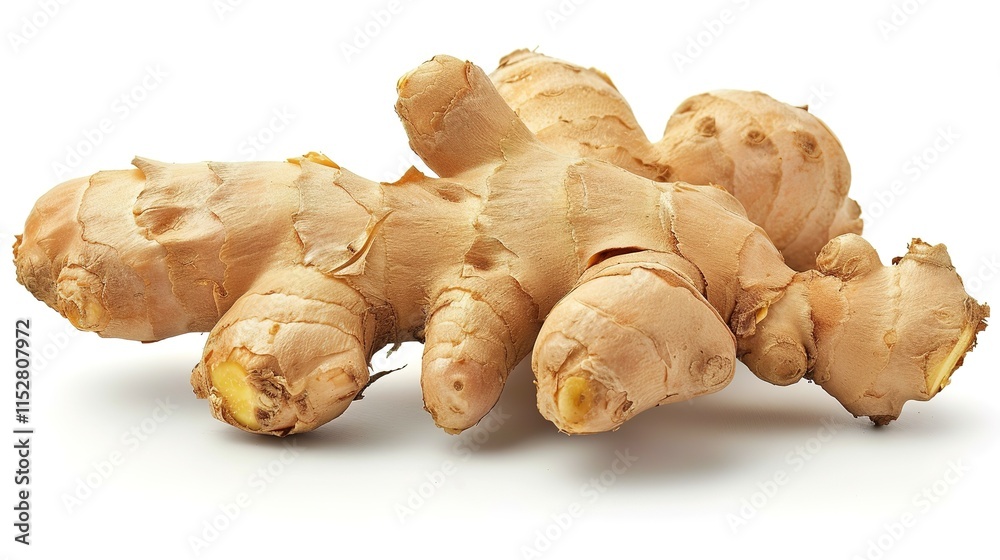 Fresh ginger lying gracefully on a clean white background, Its natural shape and texture vividly shown, Ideal for various culinary or decorative uses, A simple yet appealing display of ginger. Fresh ginger lying gracefully on a clean white background, Its natural shape and texture vividly shown, Ideal for various culinary or decorative uses, A simple yet appealing display of ginger.