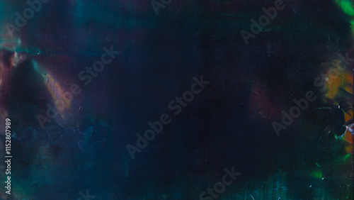 Old film overlay. Grimy texture. Green orange color dirt stain dust scratch rust defect creased wrinkled worn foil surface dark teal illustration abstract art background.