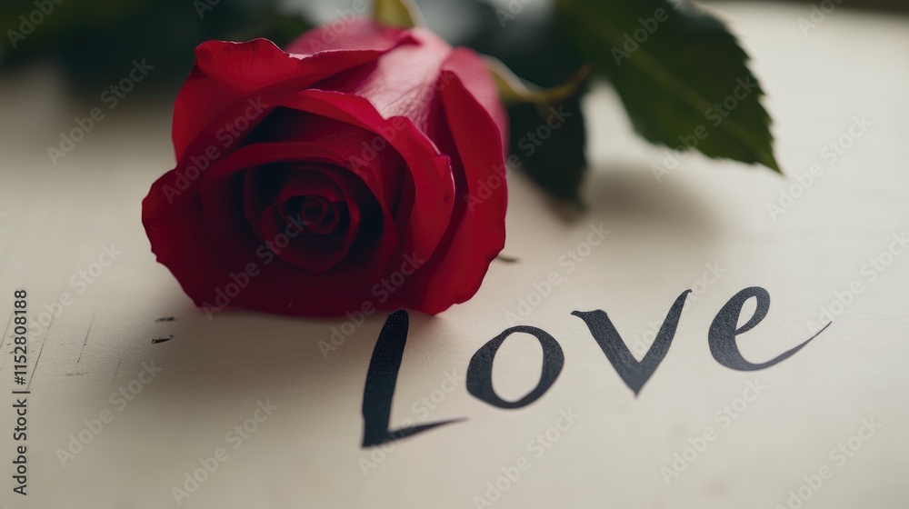 Fototapeta premium Red Rose on Wooden Background with the Word Love in Elegant Script