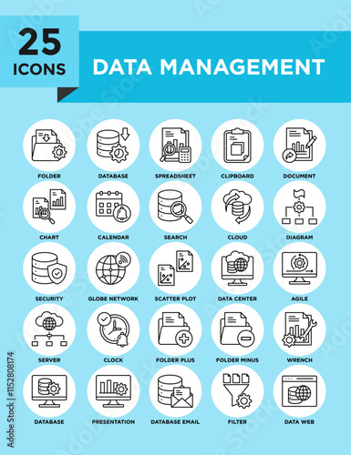 Data Management icon collection set. Containing design data, technology, business, digital, system, management, database