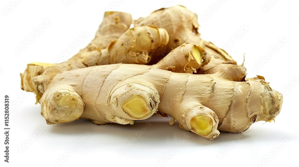 Fresh ginger lying gracefully on a clean white background, Its natural shape and texture vividly shown, Ideal for various culinary or decorative uses, A simple yet appealing display of ginger. Fresh ginger lying gracefully on a clean white background, Its natural shape and texture vividly shown, Ideal for various culinary or decorative uses, A simple yet appealing display of ginger.