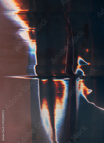 Dust scratch overlay. Glitch display. Color distortion. Blue orange white light flares digital defect artifacts cracked screen texture dark illustration art abstract background.