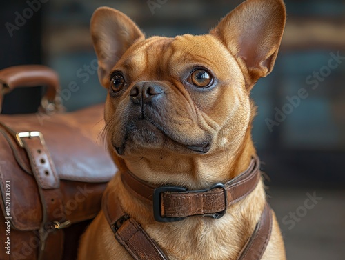 A curious French Bulldog sits beside a leather bag. This image is perfect for pet travel agencies, dog accessory brands, or veterinarian clinics. photo