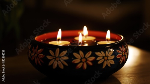 Peaceful Decorative Bowl with Floating Candles and Floral Design