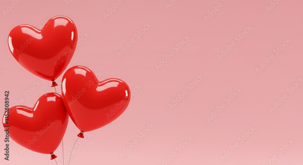 Three red hearts shaped balloons on pink background. red background, valentines day Three red hearts shaped balloons on pink background. red background, valentines day