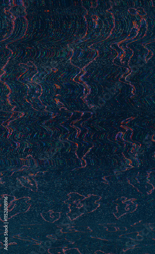 Glitch overlay. Analog TV noise. Screen distortion texture. Red green blue color glowing static artifacts wave lines pattern dark art illustration abstract background.