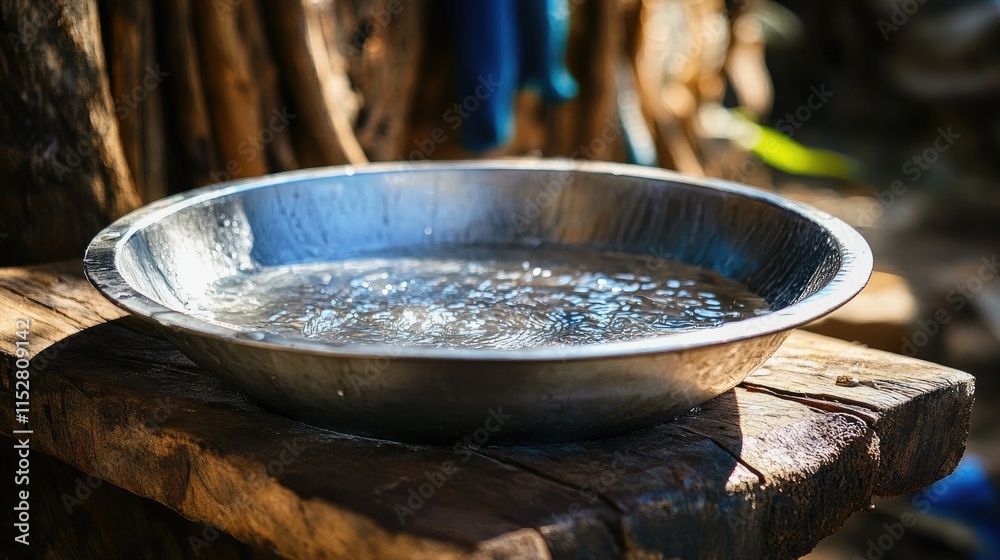 Reflective Water Surface in Metal Bowl on Rustic Wooden Table Reflective Water Surface in Metal Bowl on Rustic Wooden Table