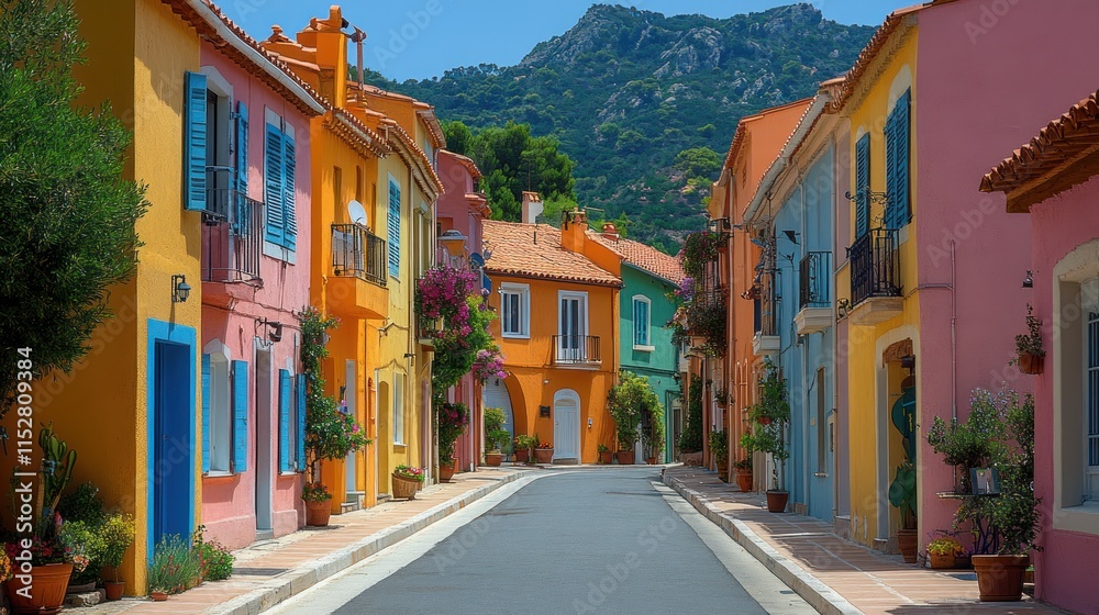 Fototapeta premium A vibrant street lined with colorful houses and lush greenery, inviting exploration.