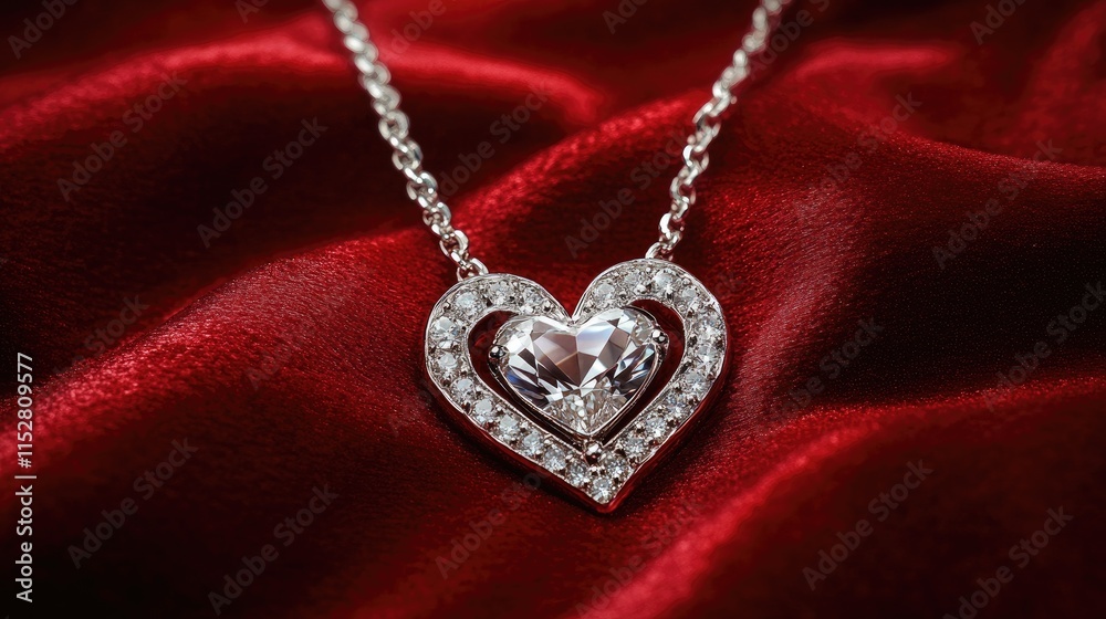 Elegant Heart-Shaped Pendant Necklace on Luxurious Red Fabric Elegant Heart-Shaped Pendant Necklace on Luxurious Red Fabric