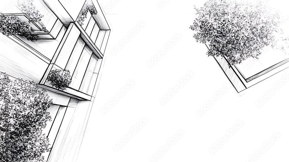 Obraz premium Modern Building Sketch: Cleanly Rendered Architectural Illustration, Bird's-Eye View. AI Generated