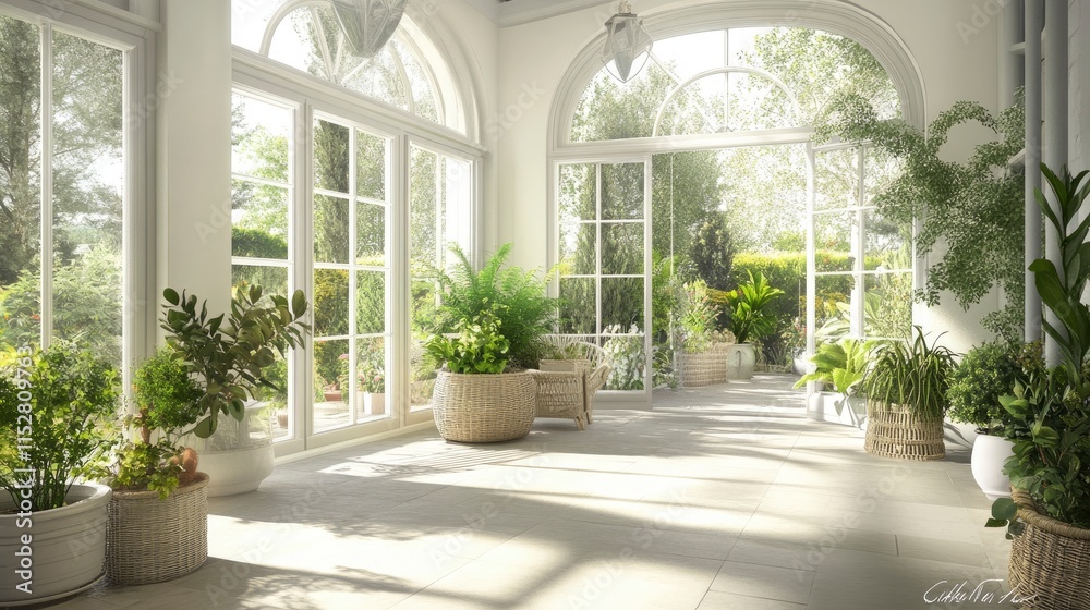 Fototapeta premium Bright and airy greenhouse interior filled with lush greenery and comfortable seating for relaxation and serenity