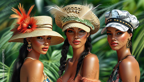 Stylish trio of women wearing fashionable hats in tropical setting, showcasing vibrant colors and unique designs. Their confident expressions reflect joyful summer vibe photo