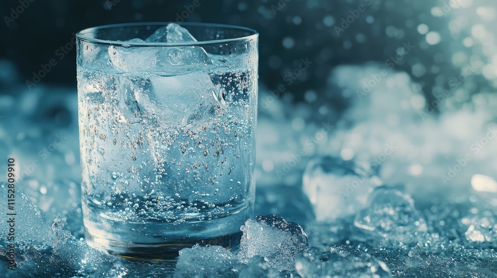 A cold glass of sparkling water with ice cubes, placed on a bed of crushed ice, with water droplets running down the sides. A cold glass of sparkling water with ice cubes, placed on a bed of crushed ice, with water droplets running down the sides.