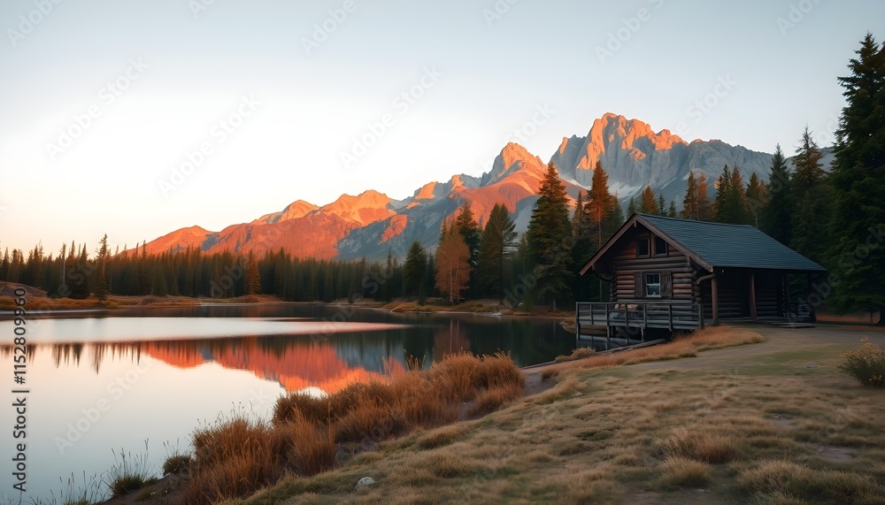 Fototapeta premium Mountain Cabin Reflection at Sunrise
