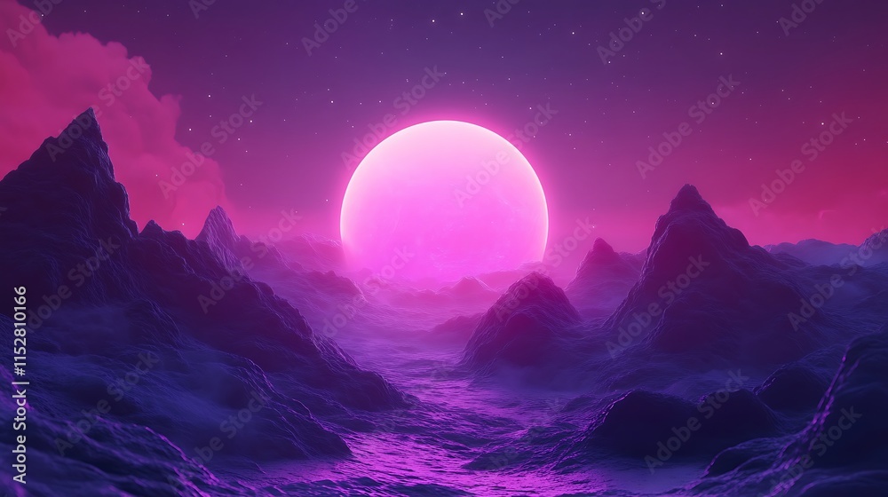 Fototapeta premium Vibrant Pink Moon Rises Over Enchanting Mountains: Digital Painting in a Futuristic Style. AI Generated