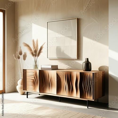 Modern minimalist interior, wooden sideboard with curved slats, framed artwork, pampas grass in vase, sunlight and shadows, beige tones, textured wall, Scandinavian design, clean lines, natural materi photo