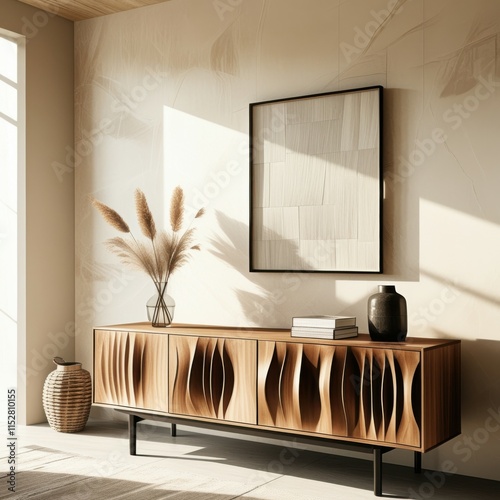 Modern minimalist interior, wooden sideboard with curved slats, framed artwork, pampas grass in vase, sunlight and shadows, beige tones, textured wall, Scandinavian design, clean lines, natural materi photo