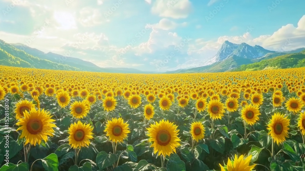 Fototapeta premium Sunlit sunflower field, scenic mountain backdrop.