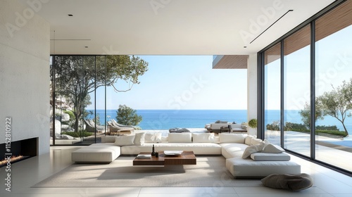 Close up view of luxurious architecture with sea view. Ai generated image