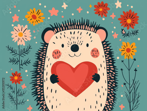 Kawaii Animal Valentine's Love concept. Cute hedgehog holding a heart surrounded by flowers and stars. photo