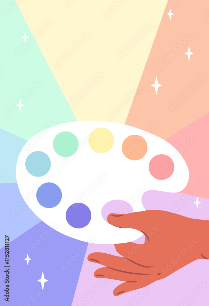 Bright art poster. Hand with palette with paints. Creativity and art. Hobby and leisure. Colorful liquids and patterns. Graphic element for website. Flat vector illustration Bright art poster. Hand with palette with paints. Creativity and art. Hobby and leisure. Colorful liquids and patterns. Graphic element for website. Flat vector illustration