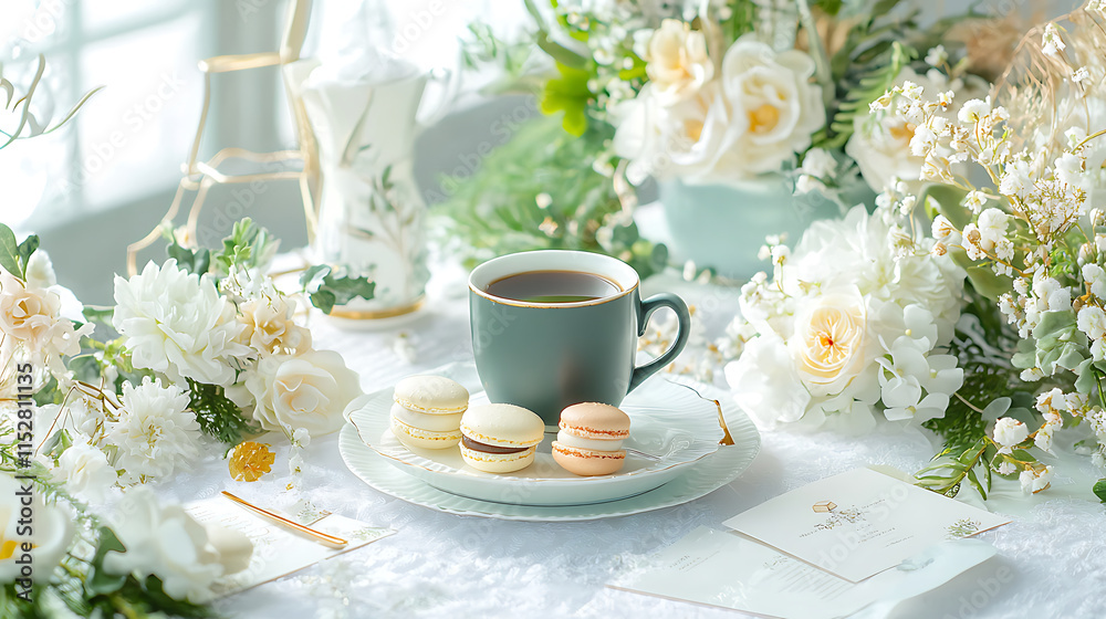 Elegant coffee setup with macarons and floral decorations, creating serene atmosphere Elegant coffee setup with macarons and floral decorations, creating serene atmosphere