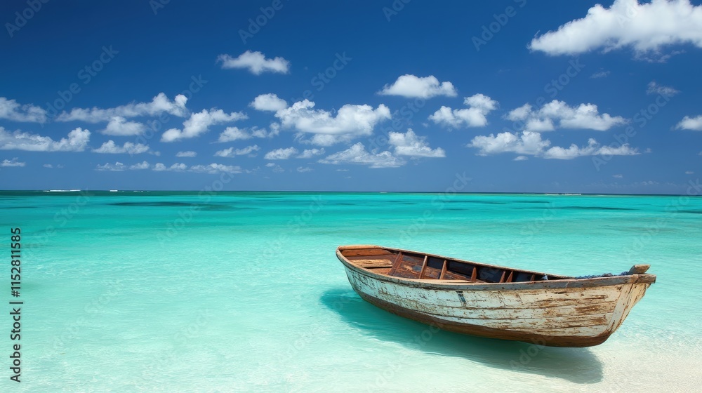 Naklejka premium Tranquil Seascape with a Wooden Boat Under a Blue Sky