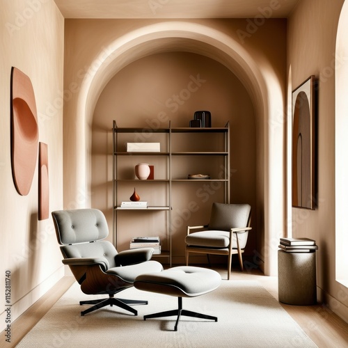 Minimalist interior design, arched doorway, mid-century modern furniture, eames lounge chair, round coffee table, neutral color palette, beige walls, wooden shelving unit, abstract wall art, soft ligh photo