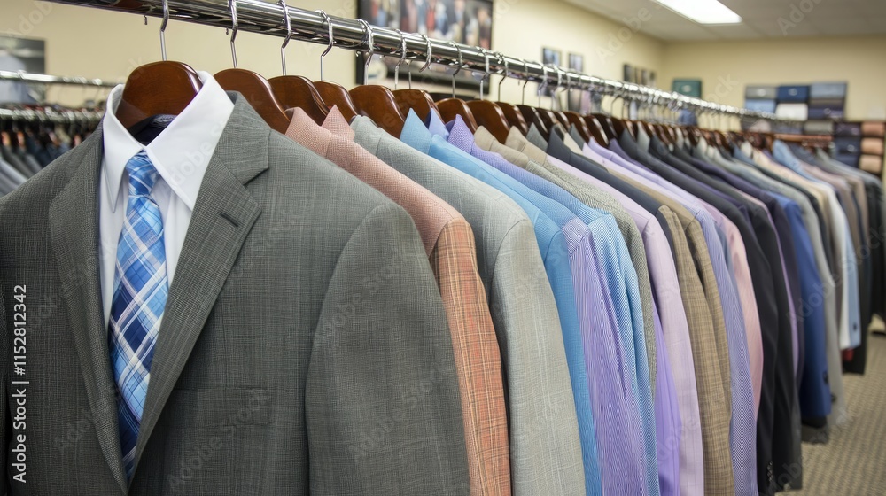 Elegant Display of Tailored Suits in Fashion Boutique Setting Elegant Display of Tailored Suits in Fashion Boutique Setting