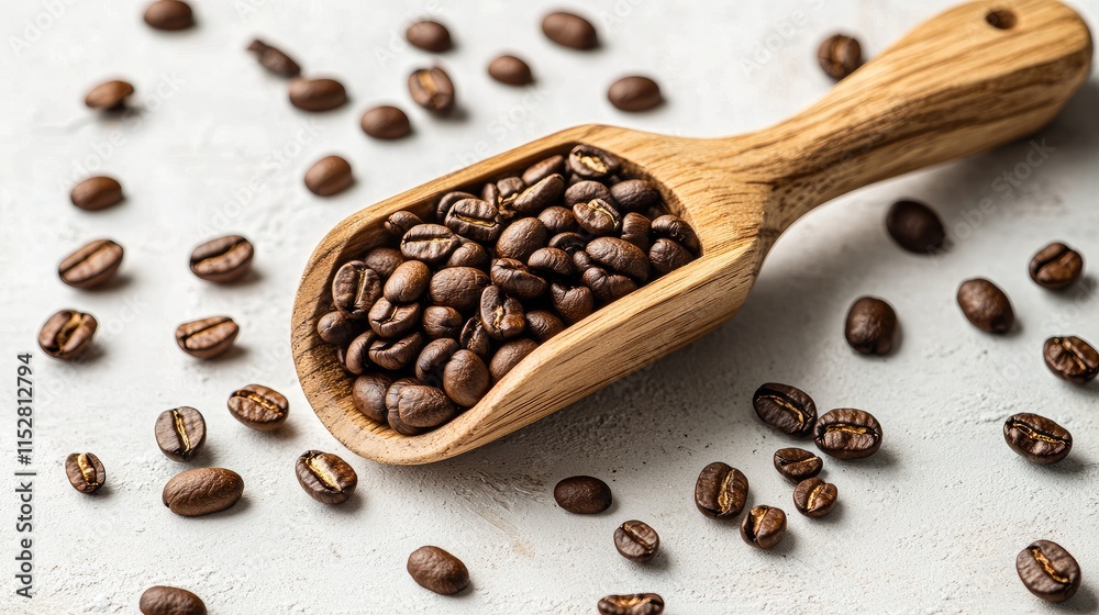 A wooden scoop filled with roasted coffee beans, placed on a white surface with scattered beans surrounding it. A wooden scoop filled with roasted coffee beans, placed on a white surface with scattered beans surrounding it.