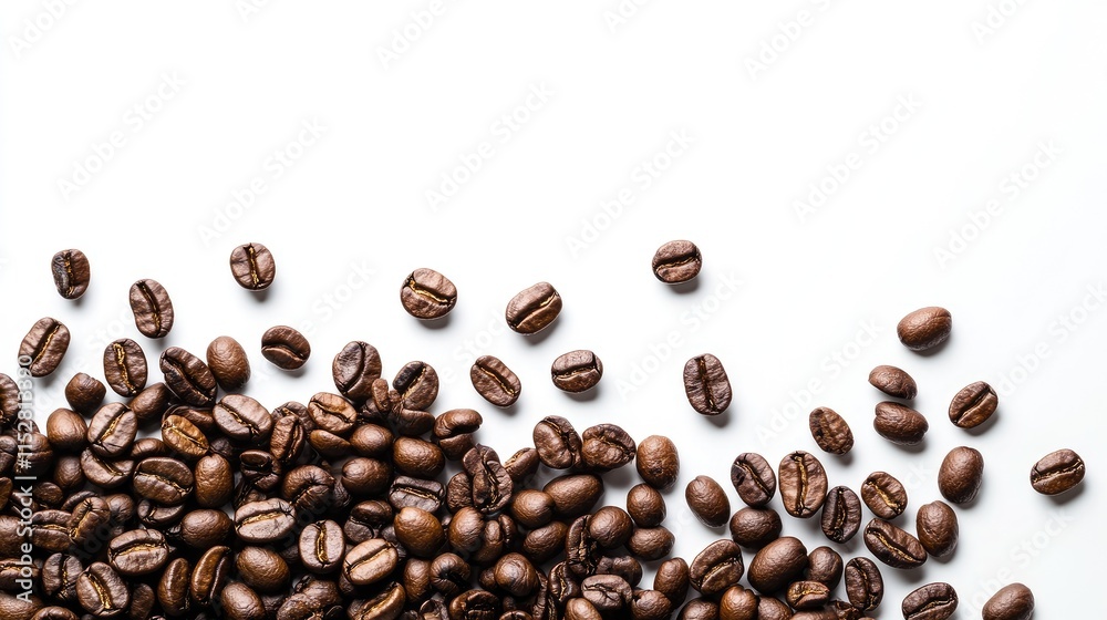 Coffee beans in a minimalist flat-lay style, scattered loosely on a white background, creating a natural and organic look. Coffee beans in a minimalist flat-lay style, scattered loosely on a white background, creating a natural and organic look.