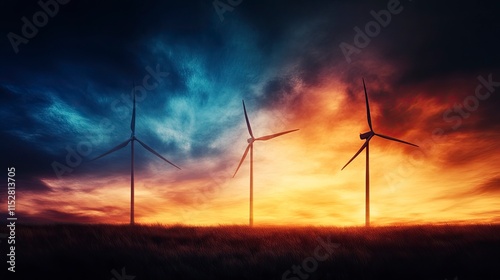 A vibrant sunset illuminating wind turbines silhouetted against a dramatic sky showcasing an energy-efficient future