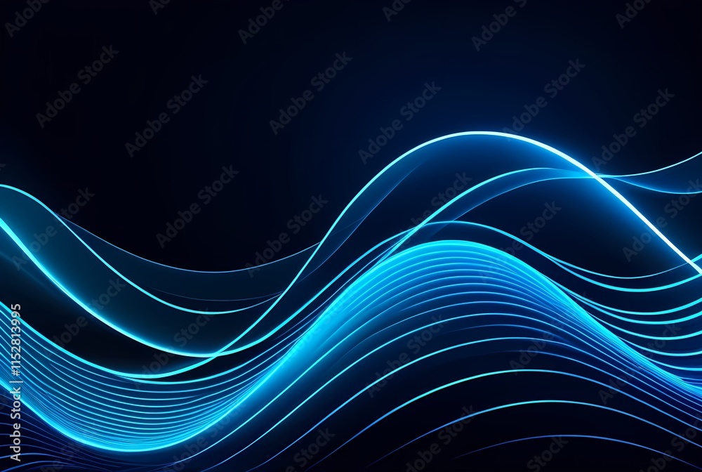 Fototapeta premium Flowing neon blue curves on dark background, abstract wave pattern design for modern tech and digital presentations