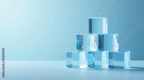 A refreshing arrangement of translucent ice cubes, meticulously stacked against a serene light blue backdrop, evokes a sense of coolness and purity.