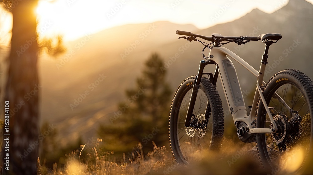 Obraz premium An elevated electric mountain bike parked on a scenic hillside at sunset, showcasing the perfect blend of adventure and technology in nature.