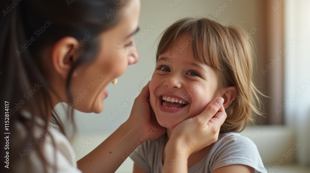 mother and daughter sharing a joyful moment, with the mother playfully tickling her daughter