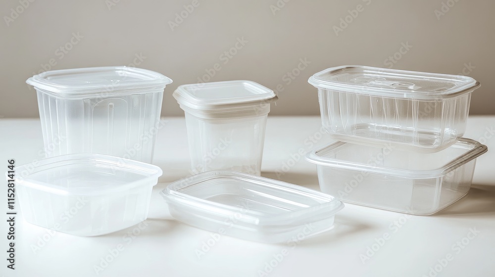 Plastic food containers with airtight lids, arranged with an open and closed configuration, on a plain white surface. Plastic food containers with airtight lids, arranged with an open and closed configuration, on a plain white surface.
