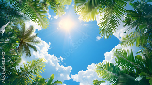 blue sky with white clouds and palm leaves in the background