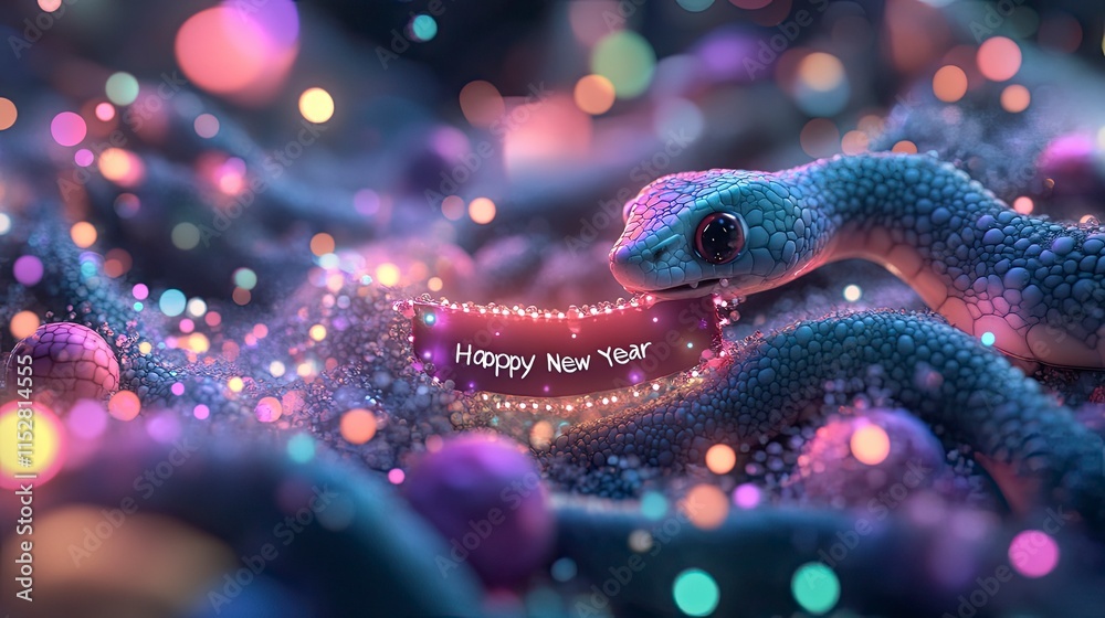 A vibrant New Year's celebration featuring a colorful snake amidst shimmering lights and a festive banner. A vibrant New Year's celebration featuring a colorful snake amidst shimmering lights and a festive banner.