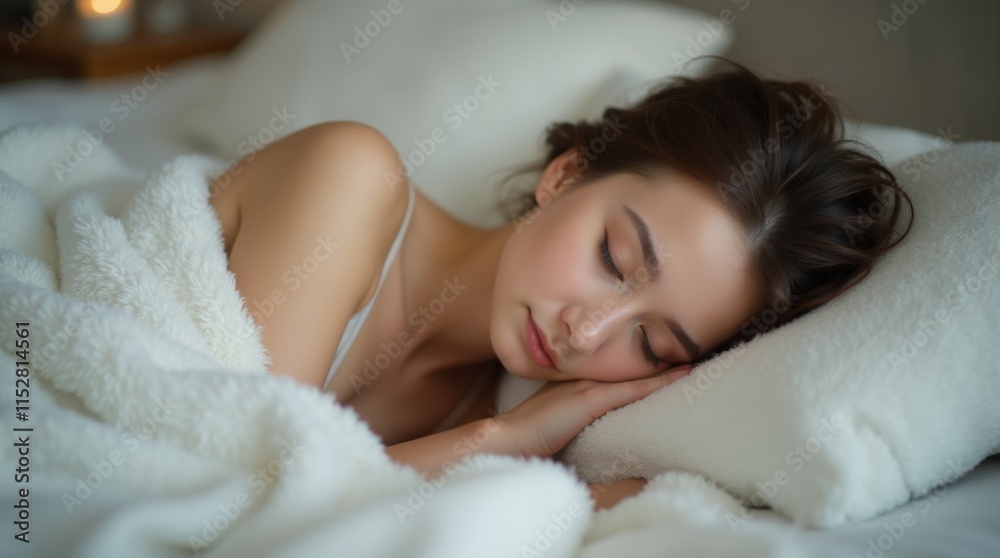 Woman resting in bed, with a peaceful expression and soft blankets surrounding them Woman resting in bed, with a peaceful expression and soft blankets surrounding them