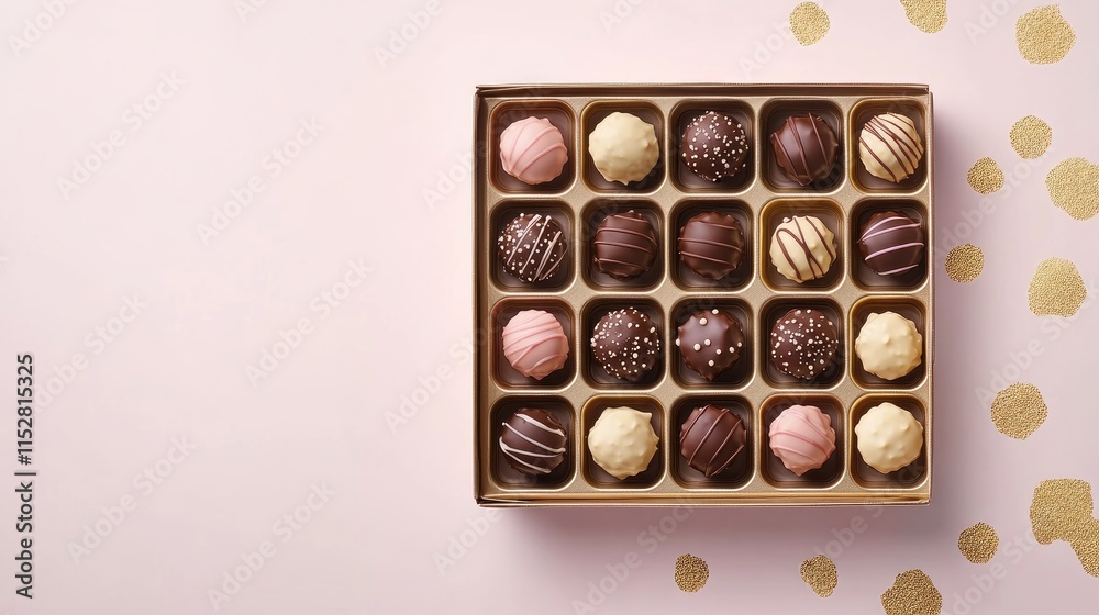Assorted Gourmet Chocolates in Elegant Box with Festive Background Assorted Gourmet Chocolates in Elegant Box with Festive Background