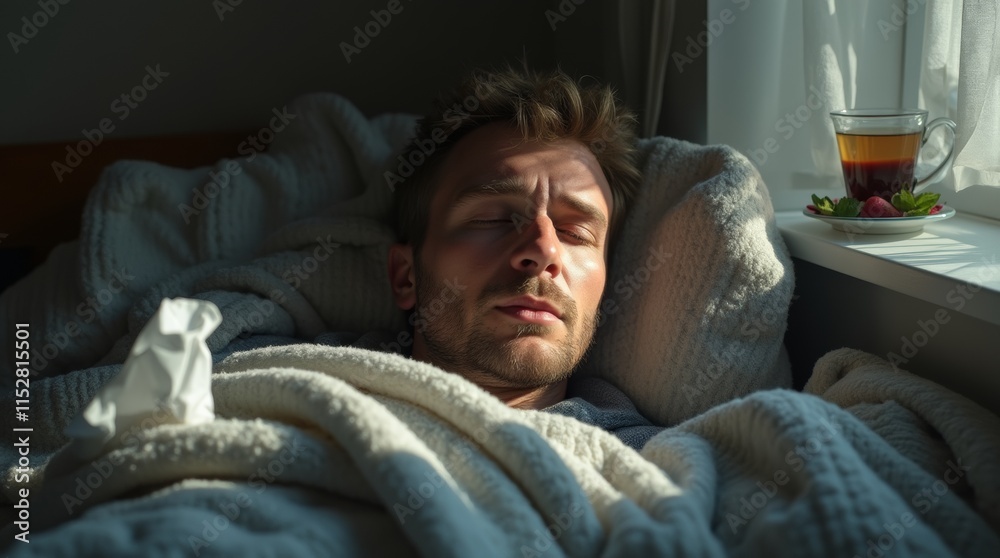 Fototapeta premium European man lying in bed, wrapped in a blanket, looking tired and sick, with tissues and a cup of tea nearby