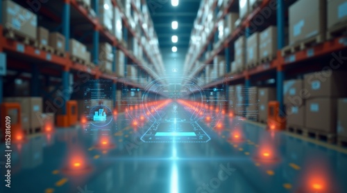 Smart warehouse management system using augmented reality technology to identify package picking and delivery . Future concept of supply chain and logistic busines