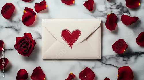 Envelope with Heart-Shaped Seal Strewn with Rose Petals, Romantic Love Message