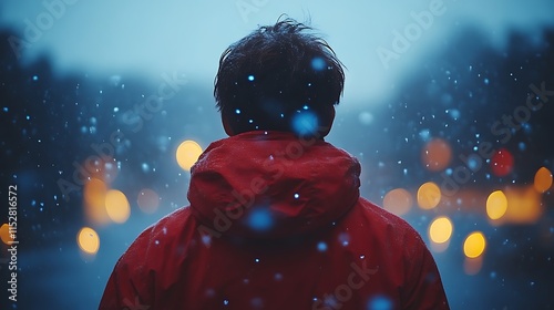 Man in red jacket, back view, snowy night.
