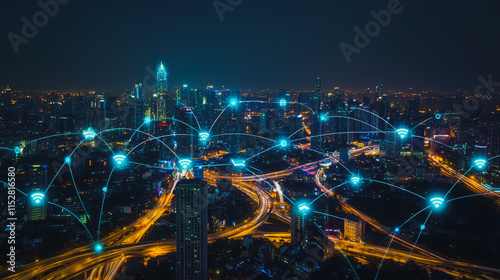 Wallpaper Mural Smart digital city with connection cyber security network reciprocity over the cityscape . future smart wireless digital city and social media networking systems that connects people within the city Torontodigital.ca