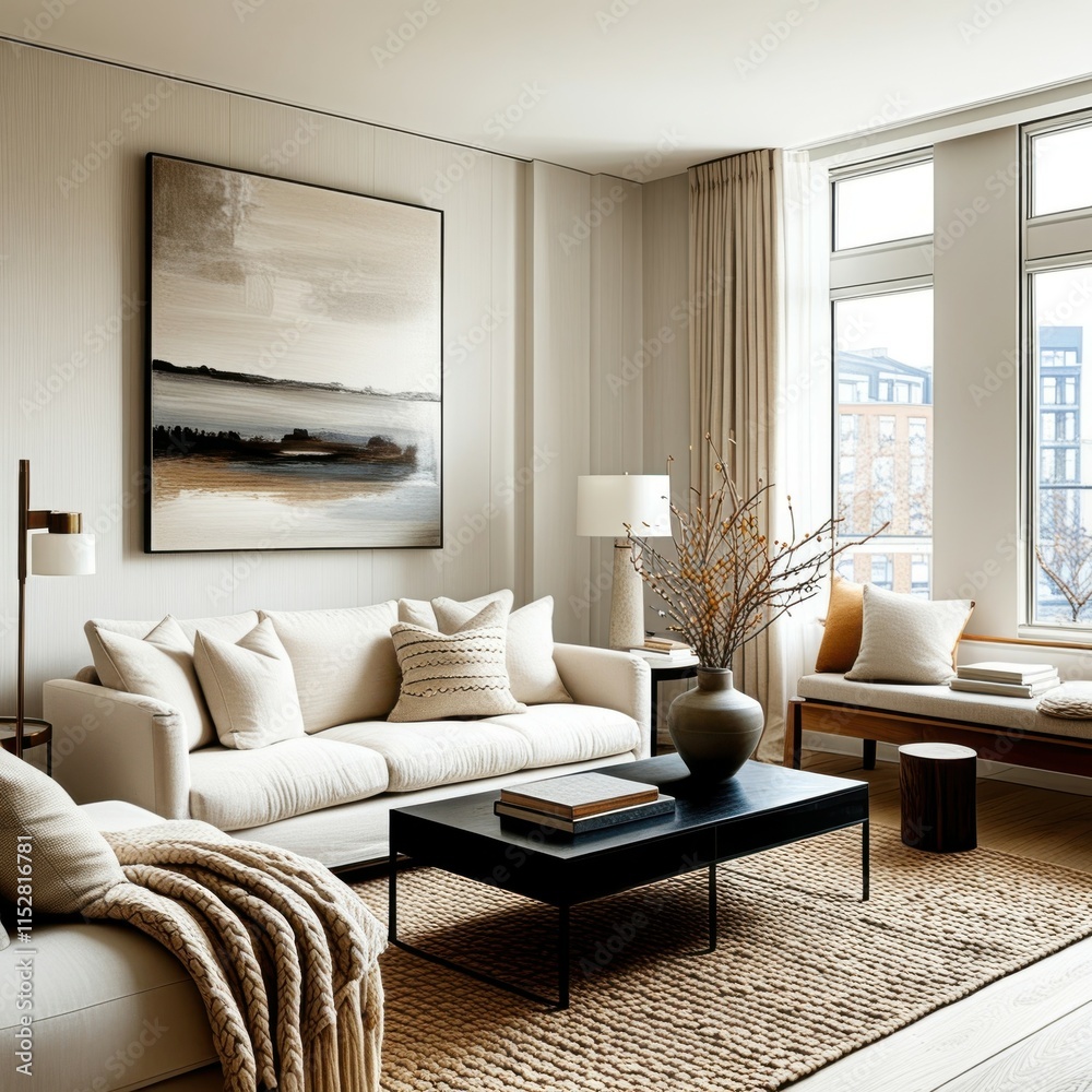 Fototapeta premium Elegant living room interior, neutral color palette, beige sofa, large abstract landscape painting, floor-to-ceiling windows, warm lighting, textured area rug, modern coffee table, decorative vase wit