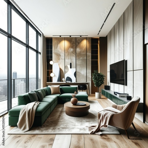 Modern apartment interior, floor-to-ceiling windows, city view, green velvet sectional sofa, wooden accent wall, minimalist design, hanging pendant light, large flat-screen TV, indoor plant, cozy thro photo