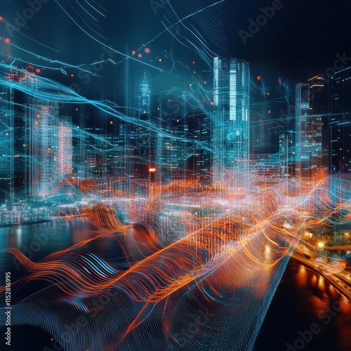 Abstract waves crashing over graphs and cityscapes, jagged patterns and sharp lines, raw market tension